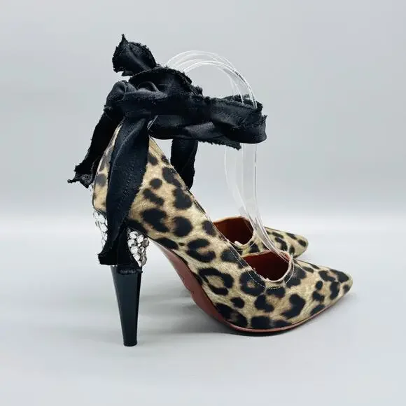 Lanvin x H&M Shoes Womens 6 Brown Pumps Leopard Ankle Wrap Rhinestone Heel - Picture 7 of 10